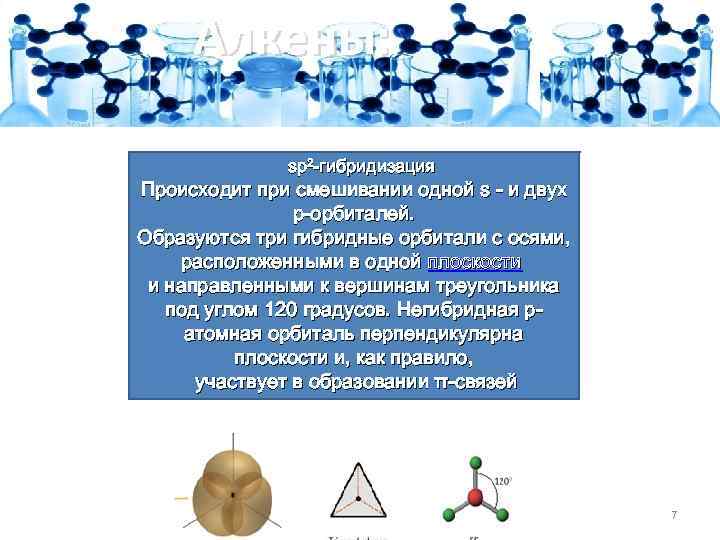 Алкены: sp 2 -гибридизация Происходит при смешивании одной s - и двух p-орбиталей. Образуются