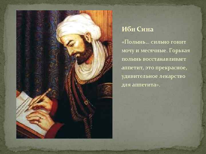 Ибн Сина «Полынь… сильно гонит мочу и месячные. Горькая полынь восстанавливает аппетит, это прекрасное,