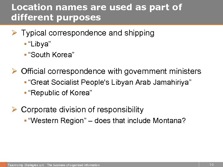 Location names are used as part of different purposes Ø Typical correspondence and shipping