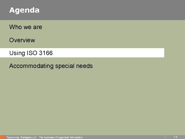 Agenda Who we are Overview Using ISO 3166 Accommodating special needs Taxonomy Strategies LLC