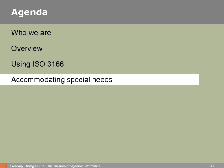 Agenda Who we are Overview Using ISO 3166 Accommodating special needs Taxonomy Strategies LLC