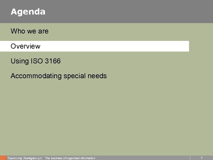 Agenda Who we are Overview Using ISO 3166 Accommodating special needs Taxonomy Strategies LLC