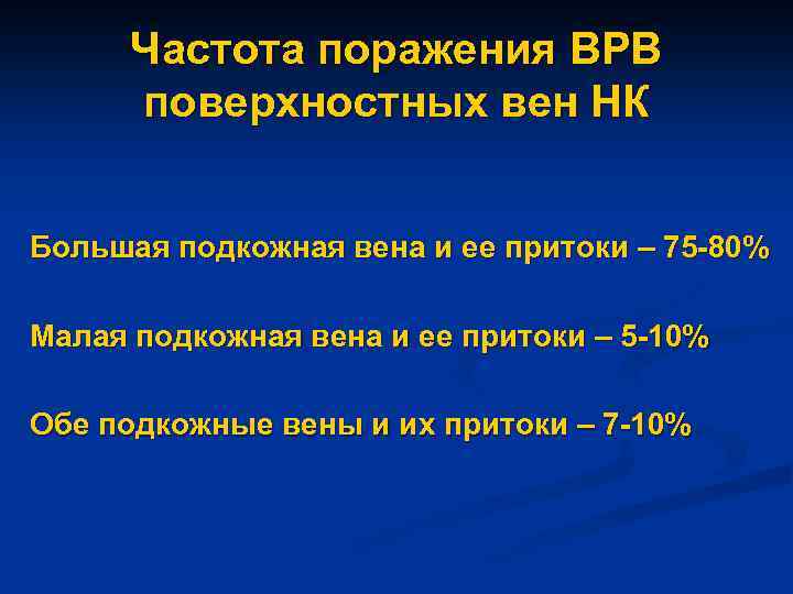 Частота поражения ВРВ поверхностных вен НК Большая подкожная вена и ее притоки – 75
