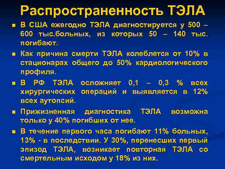 Распространенность ТЭЛА n n n В США ежегодно ТЭЛА диагностируется у 500 – 600