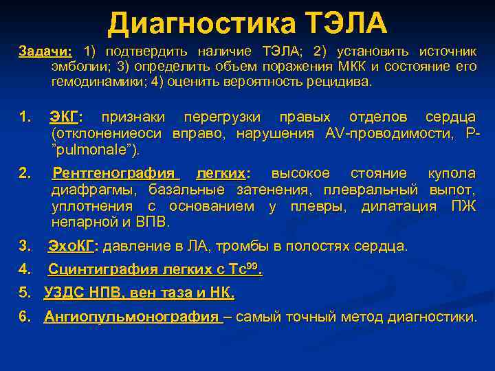 Диагностика ТЭЛА Задачи: 1) подтвердить наличие ТЭЛА; 2) установить источник эмболии; 3) определить объем
