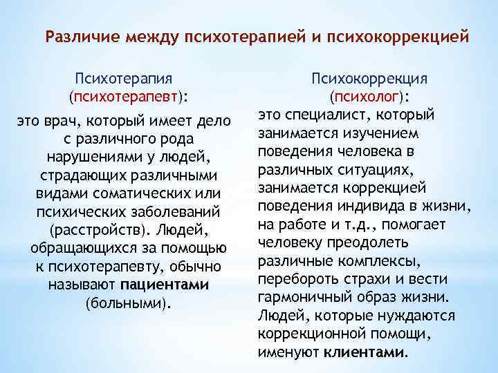 Различие между психотерапией и психокоррекцией Психотерапия (психотерапевт): это врач, который имеет дело с различного