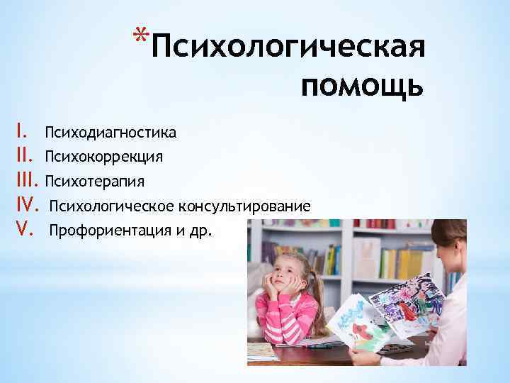 *Психологическая помощь I. Психодиагностика II. Психокоррекция III. Психотерапия IV. Психологическое консультирование V. Профориентация и