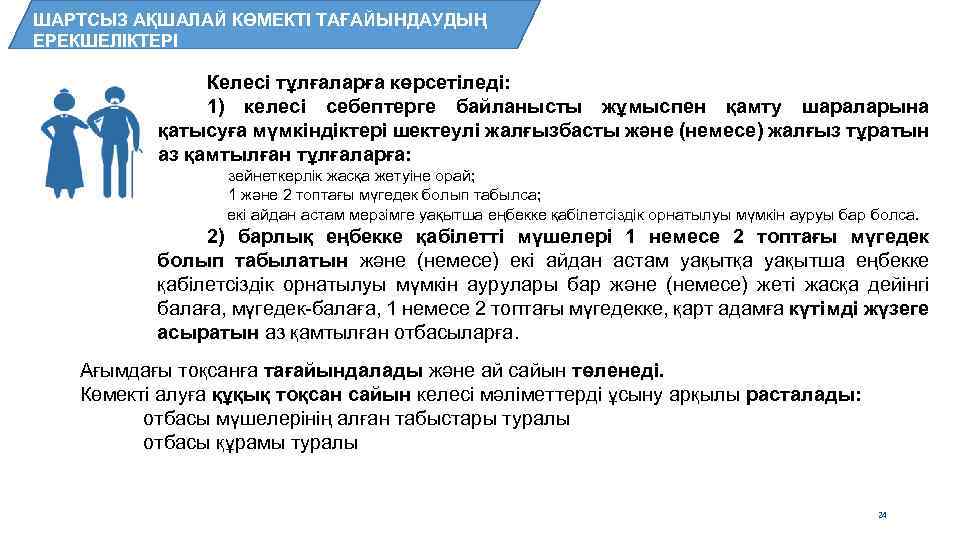 ШАРТСЫЗ АҚШАЛАЙ КӨМЕКТІ ТАҒАЙЫНДАУДЫҢ ЕРЕКШЕЛІКТЕРІ Келесі тұлғаларға көрсетіледі: 1) келесі себептерге байланысты жұмыспен қамту