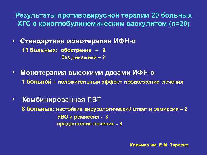 Результаты противовирусной терапии 20 больных ХГС с криоглобулинемическим васкулитом (n=20) • Стандартная монотерапия ИФН-α