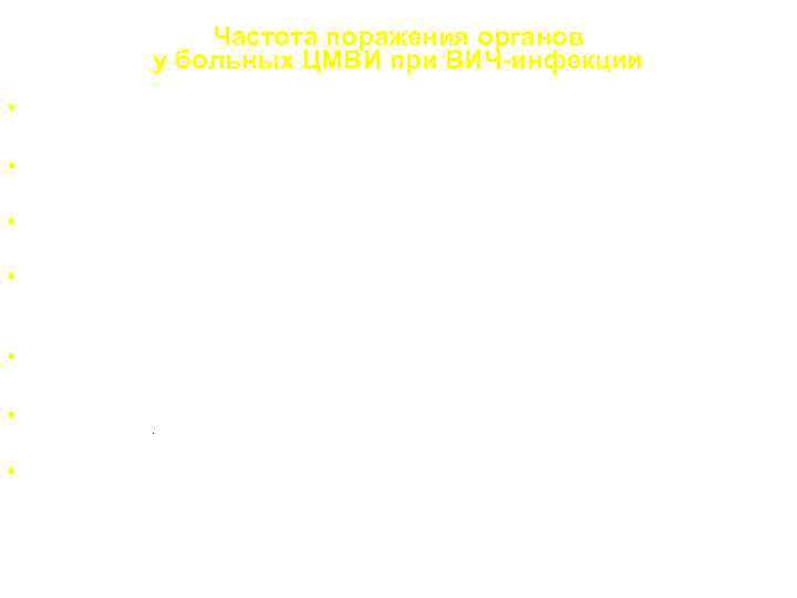 Частота поражения органов у больных ЦМВИ при ВИЧ-инфекции • Ретинит - 45% (95% среди