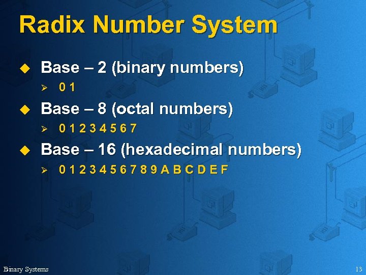 Radix Number System u Base – 2 (binary numbers) Ø u Base – 8