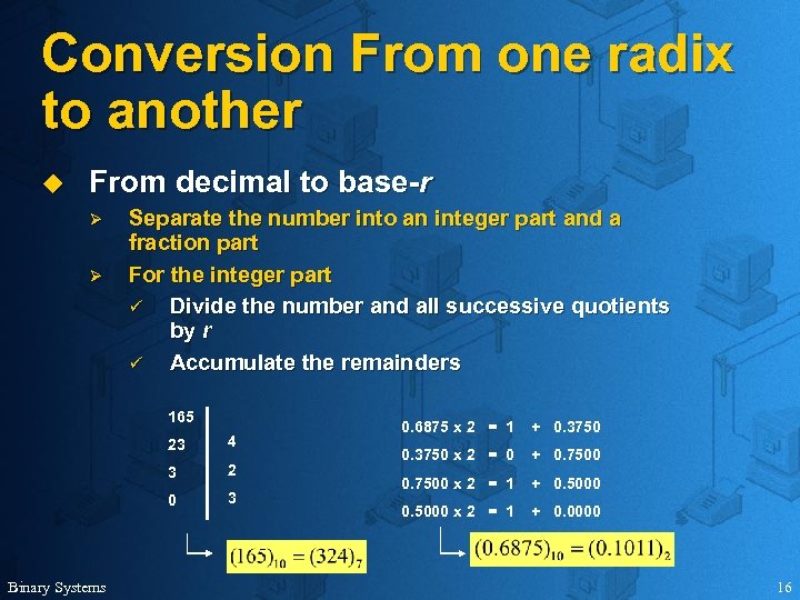 Conversion From one radix to another u From decimal to base-r Ø Ø Separate