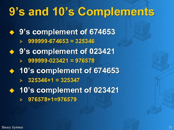 9’s and 10’s Complements u 9’s complement of 674653 Ø u 9’s complement of