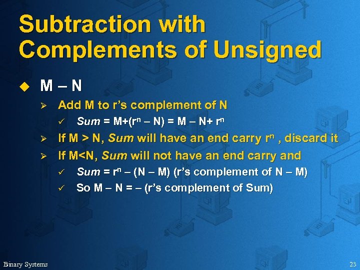Subtraction with Complements of Unsigned u M–N Ø Add M to r’s complement of