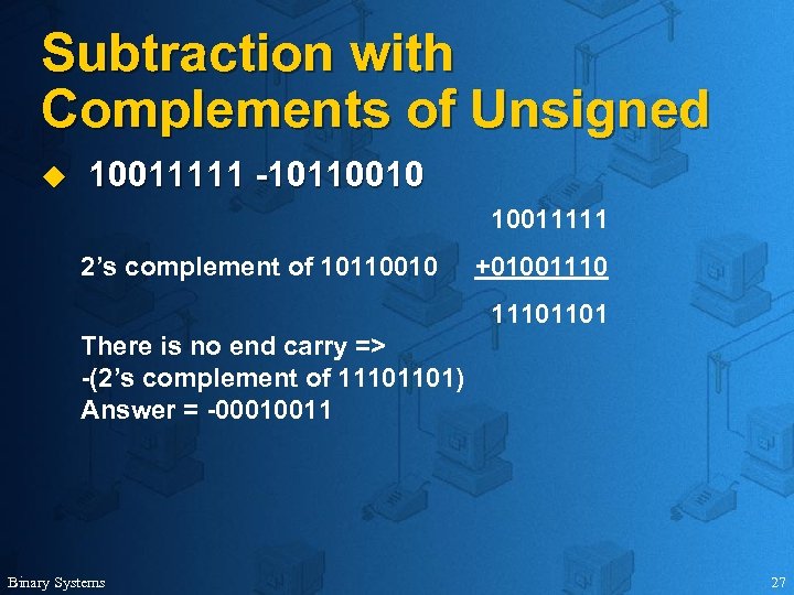 Subtraction with Complements of Unsigned u 10011111 -10110010 10011111 2’s complement of 10110010 +010011101101