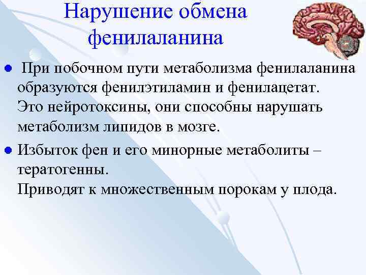 Нарушение обмена фенилаланина При побочном пути метаболизма фенилаланина образуются фенилэтиламин и фенилацетат. Это нейротоксины,