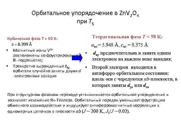 Орбитальное упорядочение в Zn. V 2 O 4 при TS Тетрагональная фаза T <