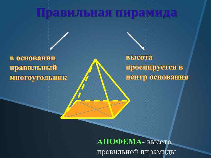 Правильная пирамида в основании правильный многоугольник высота проецируется в центр основания АПОФЕМА- высота правильной