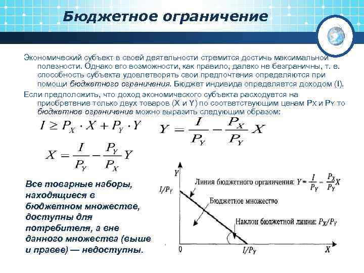 Бюджетное ограничение Экономический субъект в своей деятельности стремится достичь максимальной полезности. Однако его возможности,