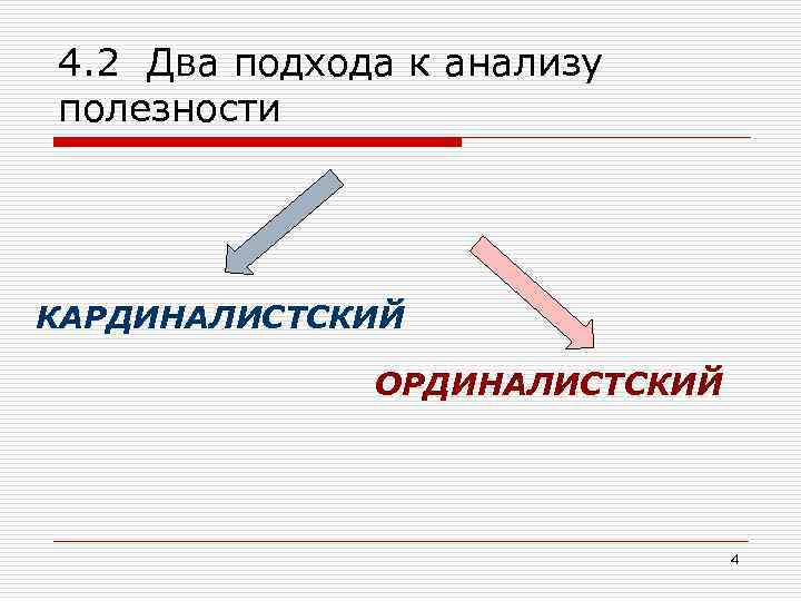 4. 2 Два подхода к анализу полезности КАРДИНАЛИСТСКИЙ ОРДИНАЛИСТСКИЙ 4 