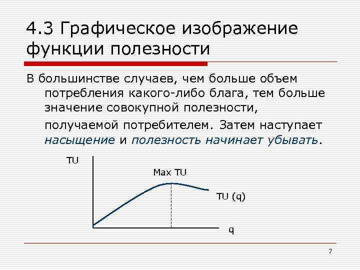 4. 3 Графическое изображение функции полезности В большинстве случаев, чем больше объем потребления какого-либо