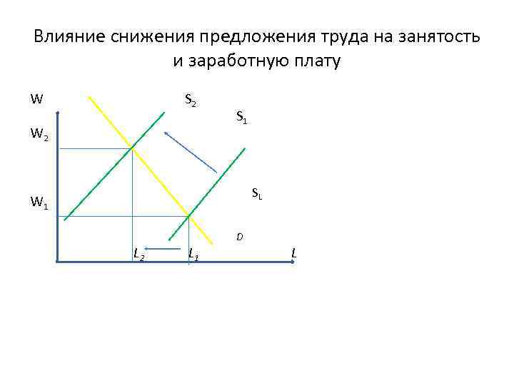 Влияние снижения предложения труда на занятость и заработную плату W S 2 W 2