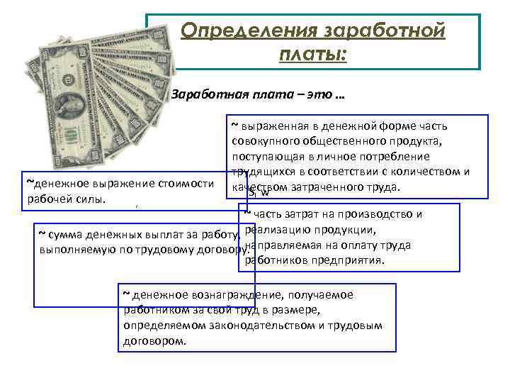 Определения заработной платы: Заработная плата – это … ~денежное выражение стоимости рабочей силы. ~