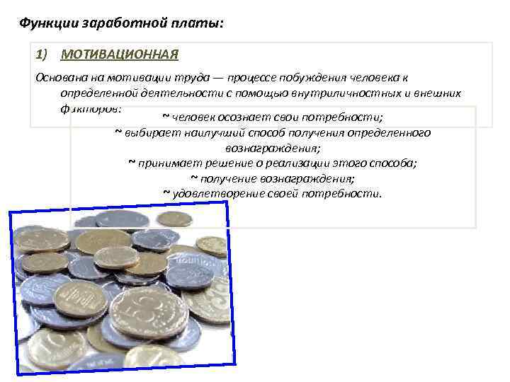 Функции заработной платы: 1) МОТИВАЦИОННАЯ Основана на мотивации труда — процессе побуждения человека к