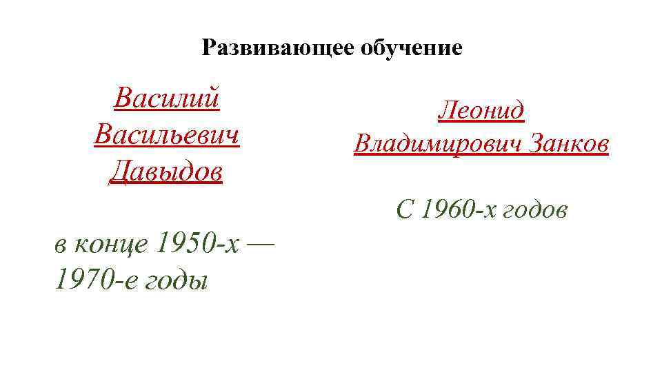 Развивающее обучение Василий Васильевич Давыдов Леонид Владимирович Занков С 1960 -х годов в конце