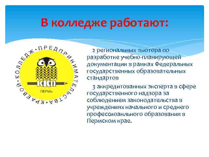 В колледже работают: 2 региональных тьютора по разработке учебно-планирующей документации в рамках Федеральных государственных