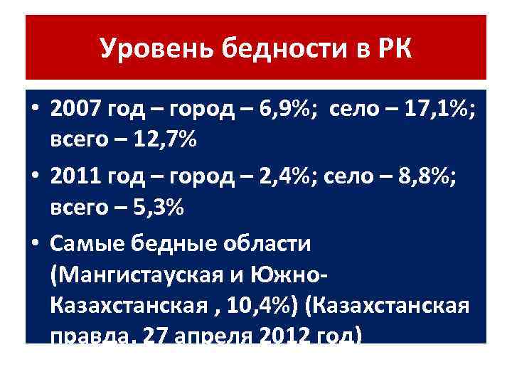 Уровень бедности в РК • 2007 год – город – 6, 9%; село –