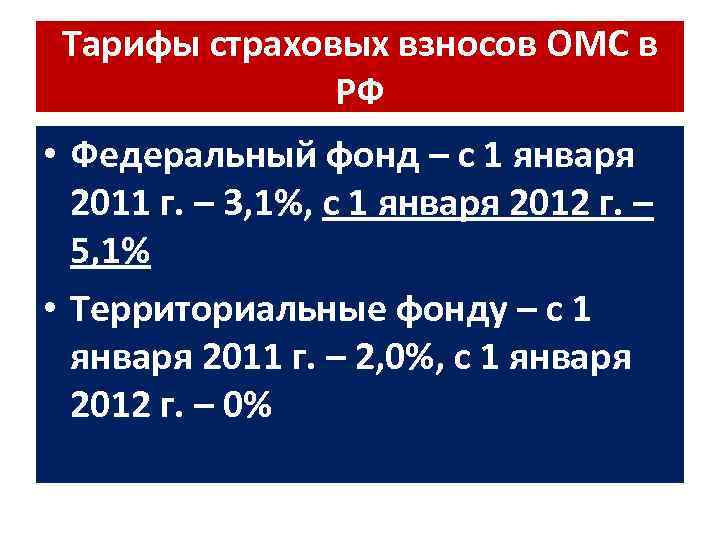 Тарифы страховых взносов ОМС в РФ • Федеральный фонд – с 1 января 2011