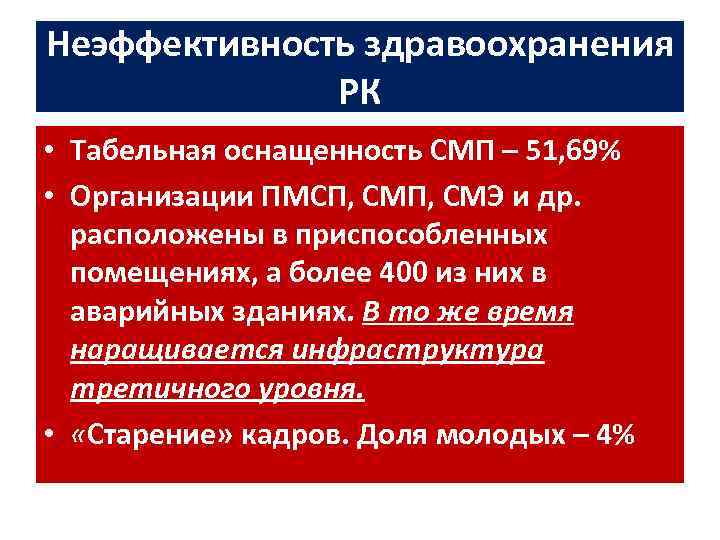 Неэффективность здравоохранения РК • Табельная оснащенность СМП – 51, 69% • Организации ПМСП, СМЭ