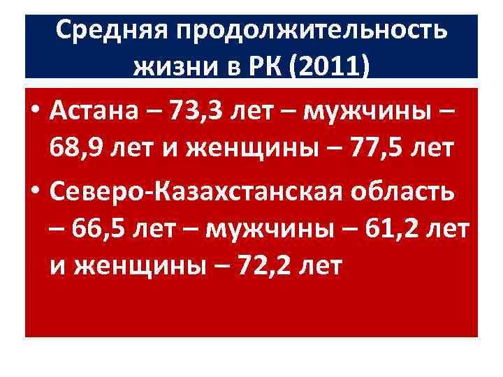 Средняя продолжительность жизни в РК (2011) • Астана – 73, 3 лет – мужчины