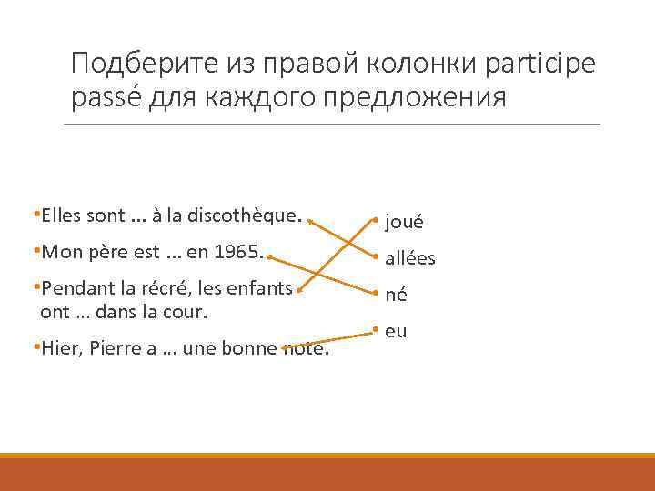Подберите из правой колонки participe passé для каждого предложения • Elles sont. . .