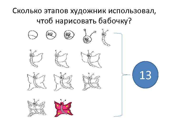 Сколько этапов художник использовал, чтоб нарисовать бабочку? 13 