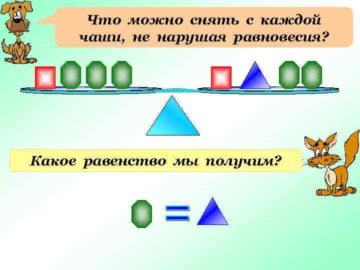 Что можно снять с каждой чаши, не нарушая равновесия? Какое равенство мы получим? 