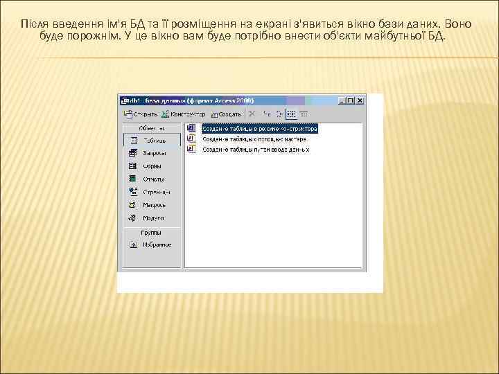 Після введення ім'я БД та її розміщення на екрані з'явиться вікно бази даних. Воно