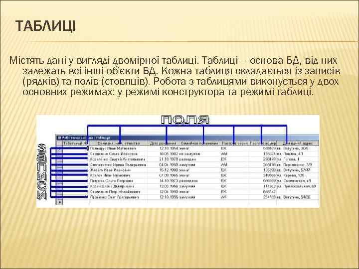 ТАБЛИЦІ Містять дані у вигляді двомірної таблиці. Таблиці – основа БД, від них залежать