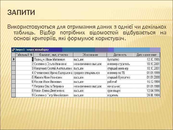 ЗАПИТИ Використовуються для отримання даних з однієї чи декількох таблиць. Відбір потрібних відомостей відбувається