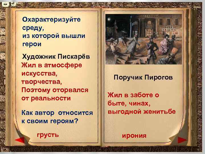 Охарактеризуйте среду, из которой вышли герои Художник Пискарёв Жил в атмосфере искусства, творчества, Поэтому
