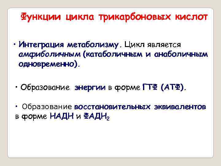 Функции цикла трикарбоновых кислот • Интеграция метаболизму. Цикл является амфиболичным (катаболичным и анаболичным одновременно).