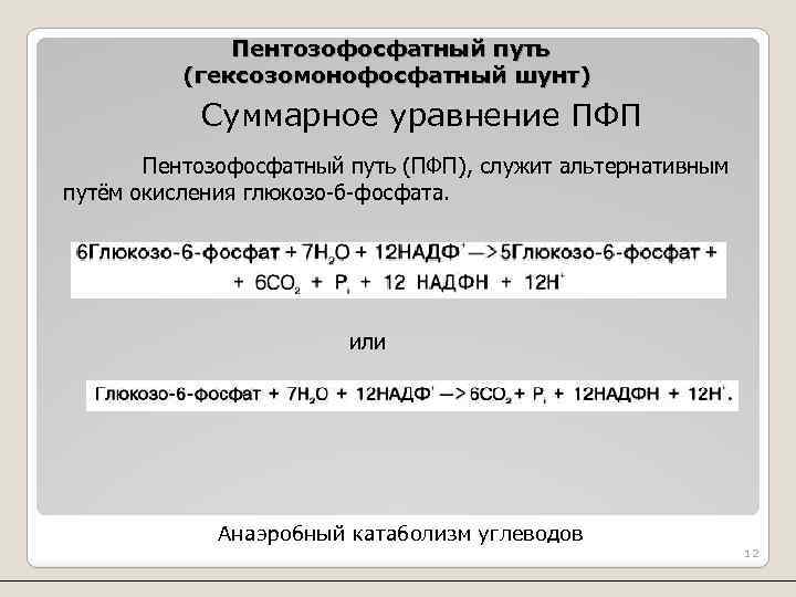 Пентозофосфатный путь (гексозомонофосфатный шунт) Суммарное уравнение ПФП Пентозофосфатный путь (ПФП), служит альтернативным путём окисления