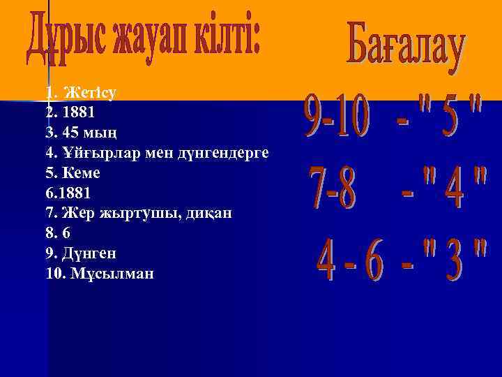 1. Жетісу 2. 1881 3. 45 мың 4. Ұйғырлар мен дүнгендерге 5. Кеме 6.