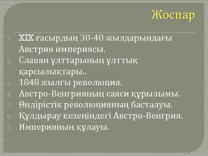 Жоспар 1. 2. 3. 4. 5. 6. 7. XIX ғасырдың 30 -40 жылдарындағы Австрия