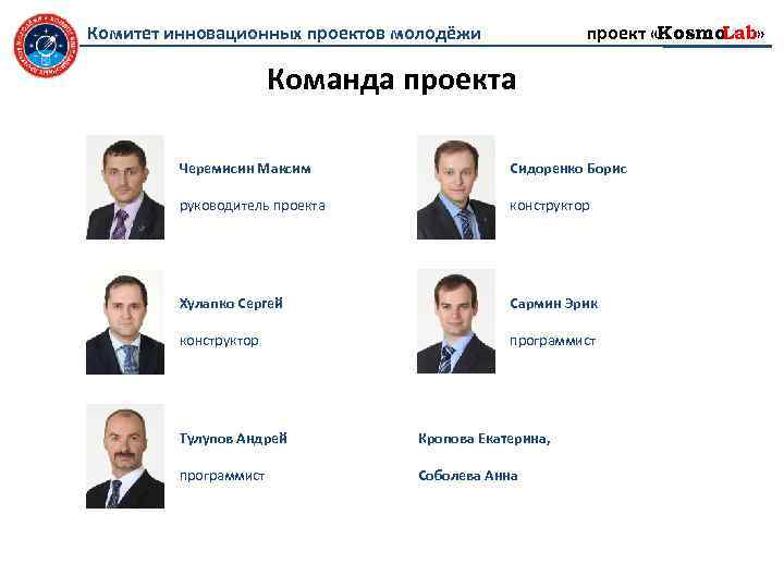 проект «Kosmo Lab» Комитет инновационных проектов молодёжи Команда проекта Черемисин Максим Сидоренко Борис руководитель