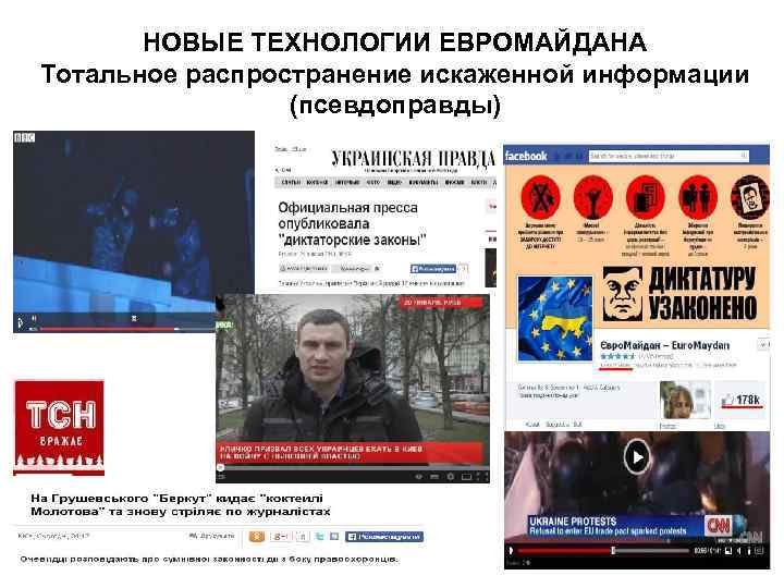 НОВЫЕ ТЕХНОЛОГИИ ЕВРОМАЙДАНА Тотальное распространение искаженной информации (псевдоправды) 