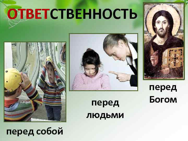 ОТВЕТСТВЕННОСТЬ ОТВЕТ - ВИНОВНОСТЬ ОТВЕЧАТЬ - ЗАЩИЩАТЬСЯ перед людьми перед собой перед Богом 