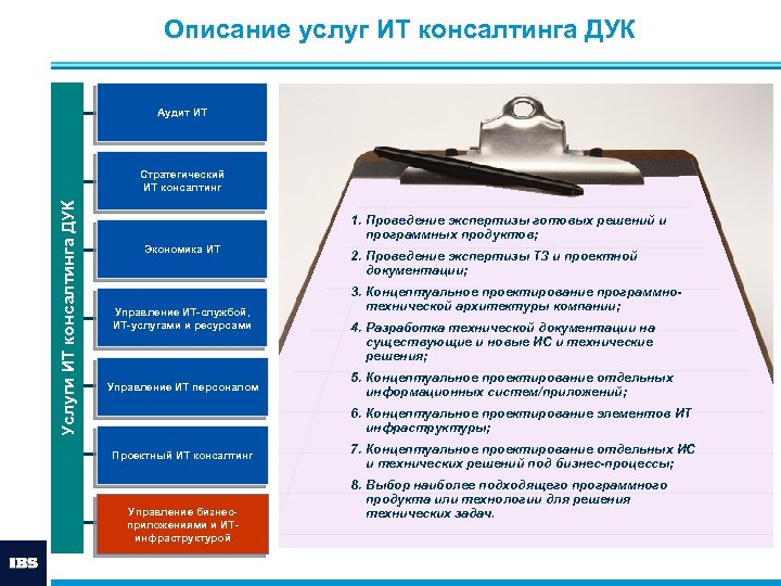 Описание услуг ИТ консалтинга ДУК Аудит ИТ Услуги ИТ консалтинга ДУК Стратегический ИТ консалтинг