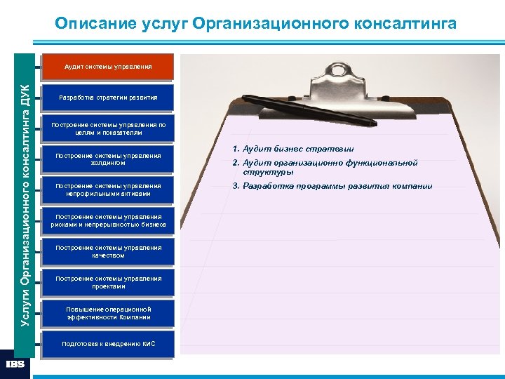 Описание услуг Организационного консалтинга Услуги Организационного консалтинга ДУК Аудит системы управления Разработка стратегии развития